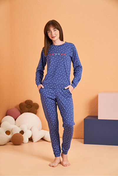 Elvarthandmade Pjs 28081 women's long sleeve round neck heart pajama set