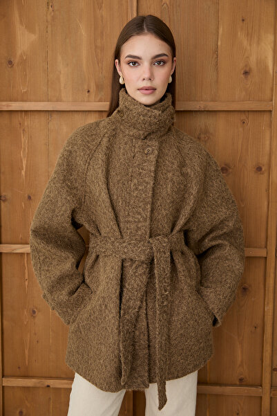 JASTE Women's Mock Neck Button Belted Cashmere Coat