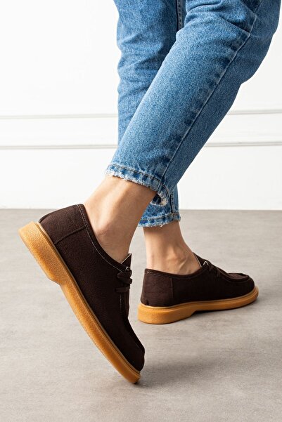 FUGA MODA Vareon Brown Suede Lace-Up Loafer Ballet Casual Shoes with Thick Saddle Detail