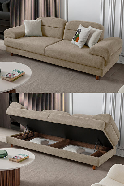 Eymense Lizbon Yataklı Sandıklı Üçlü Koltuk Sütlü Kahve