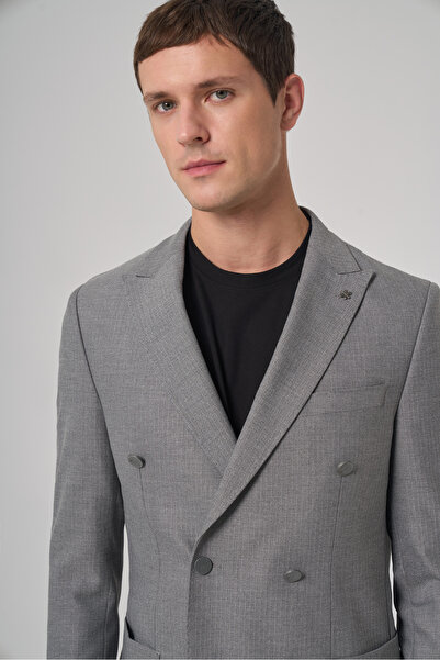 Morven Men's Gray Polyviscon Trend Patterned Slim Fit Pointed Collar Suit