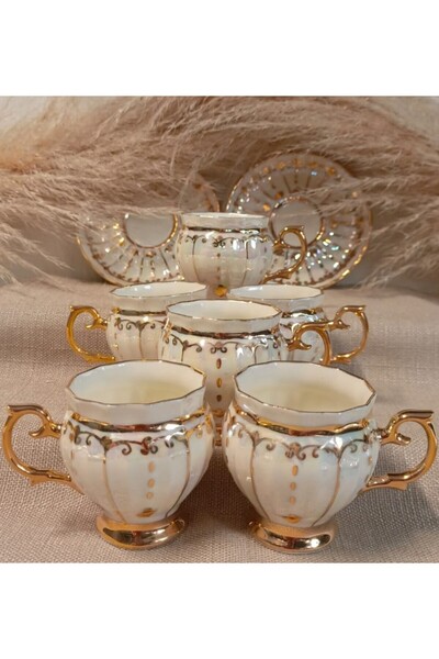 BY.RAYKA PORSELEN El Dekor Aura Pervi̇z Porcelain Hand Painted Coffee Cup Set