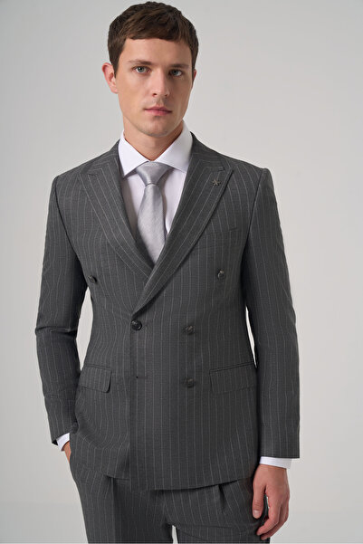 Morven Men's Smoked Polyviscon Trend Striped Slim Fit Double-Breasted Suit