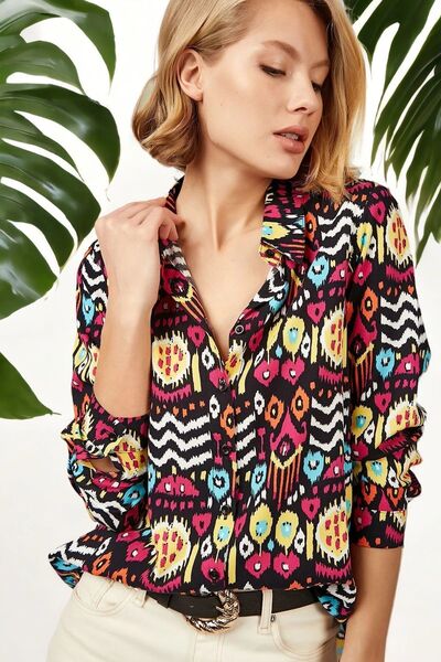 NEW LAVİVA Kadın Etnik Desen Dijital Baskı Klasik Gömlek NEW700-K5148