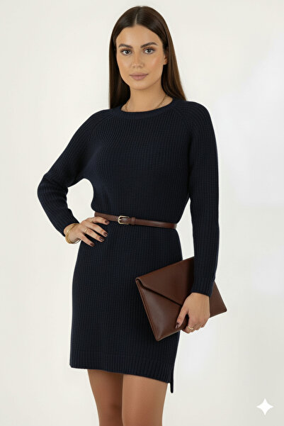Millionaire Women's Navy Blue Crew Neck Long Tunic Dress Thick Knit Italian Sleeve Y Slit Knitwear Sweater
