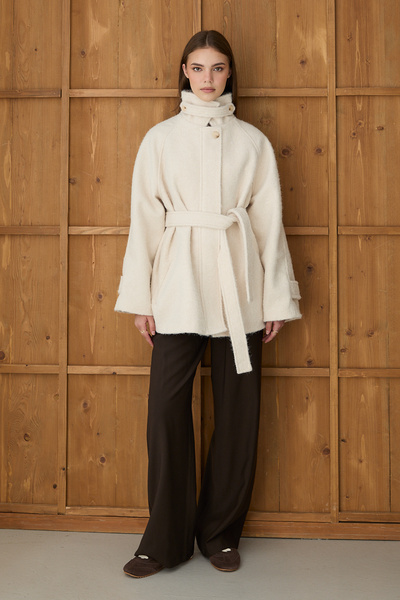 JASTE Women's Mock Neck Button Belted Cashmere Coat