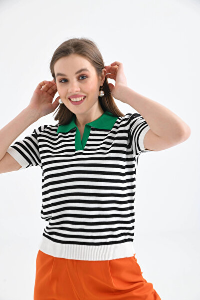 Park Karon    Women's Polo Neck Striped Knitwear Sweater