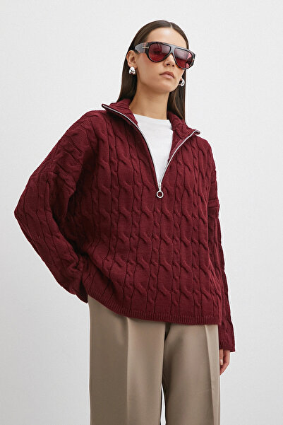 Never more Hair Braided Half Zipper Sweater Burgundy