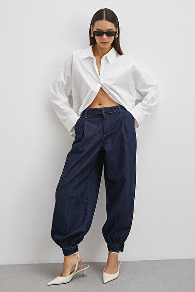 Never more Buttoned Cuffs High Waist Mom Jean Navy Blue