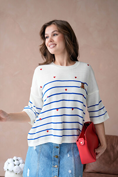 Park Karon Pulover tricotat cu dungi pentru femei guler rotund