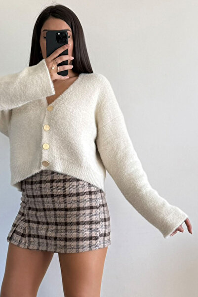 CİDDE Γυναικεία ζακέτα με μαλακή γένια μπλε λαιμόκοψη με τέσσερα κουμπιά