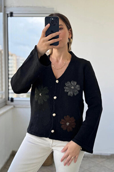 Kubos Moda Floral Detail Spanish Sleeve Black Women's Cardigan