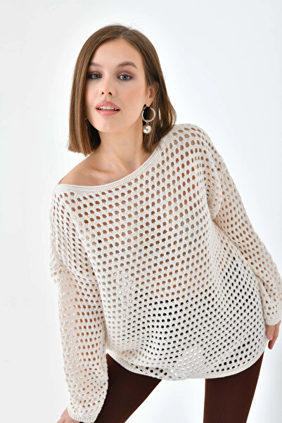 Park Karon Women's Boat Neck Knit Detail Oversized Knitwear Sweater