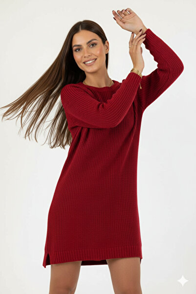 Millionaire Women's Red Crew Neck Long Tunic Dress Thick Knit Italian Sleeve Y Slit Knitwear Sweater