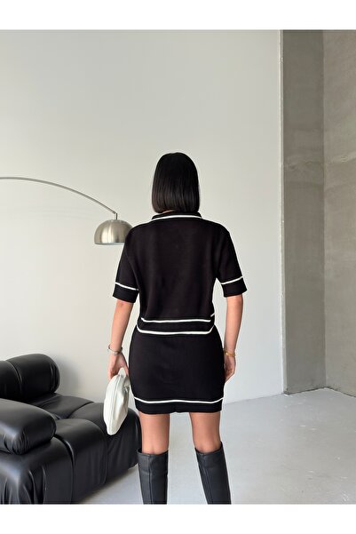 alenmoda Short Sleeve Polo Collar Pocket Detailed Knitwear Bottom Top Set