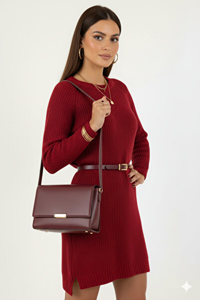 Millionaire Women's Red Crew Neck Long Tunic Dress Thick Knit Italian Sleeve Y Slit Knitwear Sweater