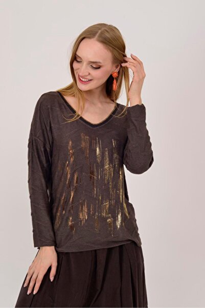 Park Moda 12055 Lurex Detail V-Neck Thin Knitted Blouse