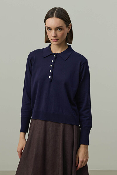 Fahhar Long Sleeve Polo Neck Knitwear Navy Blue