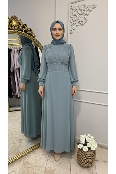KADİR KORKMAZ GİYİM Şifon Kloş Astarlı İşlemeli Tesettür Abiye Elbise
