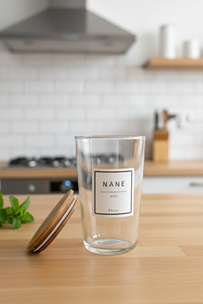 Fhilli Motto Plus - Set of 6 Pine Wood Vacuum Lid Labeled Glass Storage Containers Spice Jar Set 400 ml