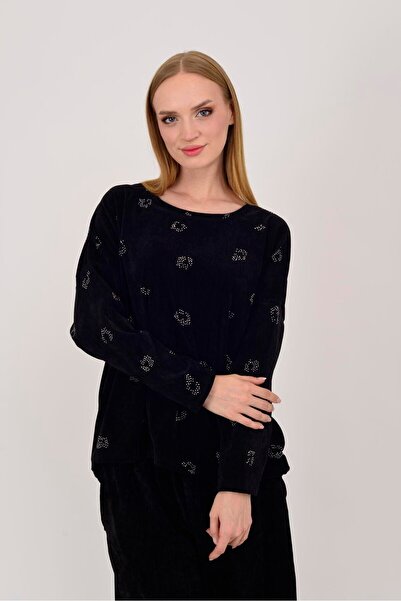 Park Moda 25584 Stone Embroidered Taupe Velvet Blouse