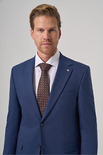 Morven Men's Navy Blue Wool Trend Patterned Dynamic Fit Mono Collar Suit