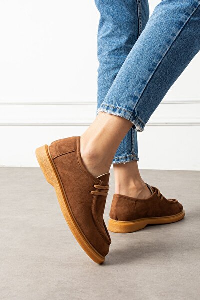 FUGA MODA Vareon Tan Suede Lace-Up Thick Sole Detailed Loafer Ballet Casual Shoes