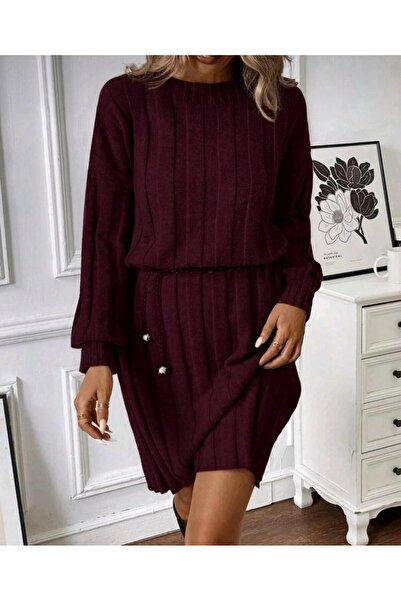 Serenay Atelier Γυναικείο πλεκτό φόρεμα με φαρδύ λαιμόκοψη κοτλέ με μακριά μανίκια