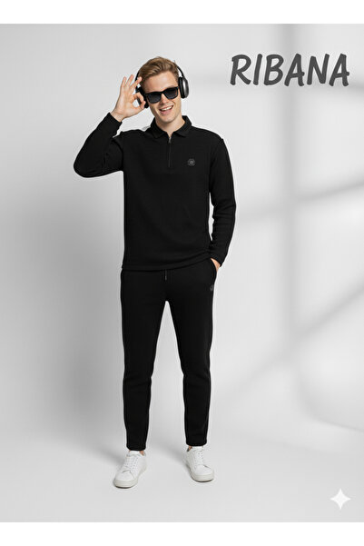 ribana Unisex Printed Pocket Elastic Waist Zippered Shirt Collar Bottom-Top 2-Piece Set