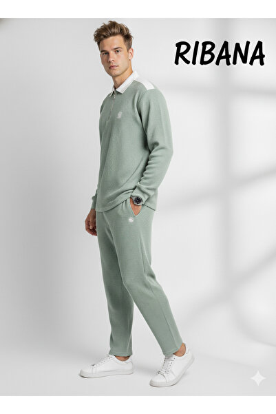 ribana Unisex Printed Pocket Elastic Waist Zippered Shirt Collar Bottom-Top 2-Piece Set