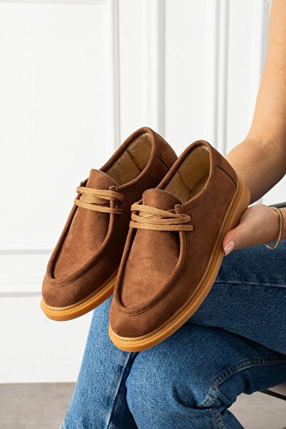FUGA MODA Vareon Tan Suede Lace-Up Thick Sole Detailed Loafer Ballet Casual Shoes