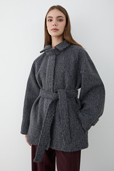 JASTE Women's Mock Neck Button Belted Cashmere Coat