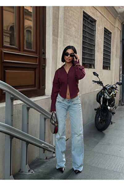 MY DEPO Women's Button Detail Low-Cut Sleeve Cuffed Poplin Shirt with Stitching