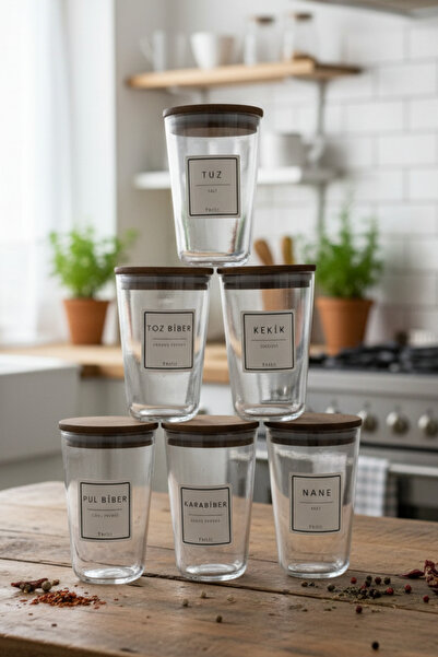 Fhilli Motto Plus - Set of 6 Tulip Tree Vacuum Lid Labeled Glass Storage Containers Spice Jar Set 400 ml