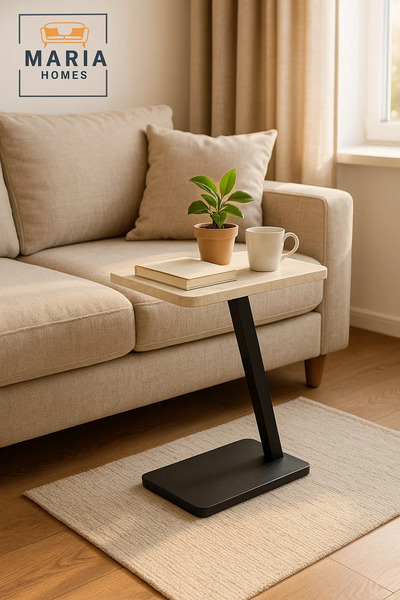 MARIA HOMES Modern Beige Marble C-Shaped Side Table 40×25×60 cm – Sofa Laptop...