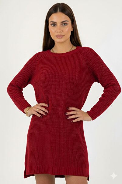 Millionaire Women's Red Crew Neck Long Tunic Dress Thick Knit Italian Sleeve Y Slit Knitwear Sweater