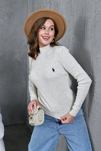 Park Karon Women's Mock Neck Hair Braid Embroidery Detailed Knitwear Sweater