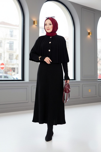 FERHEL Buttoned Cape & Knitwear Dress Hijab Two-Piece Set