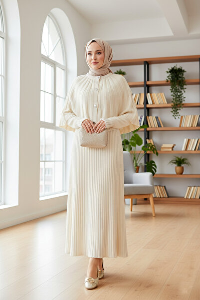 FERHEL Buttoned Cape & Knitwear Dress Hijab Two-Piece Set