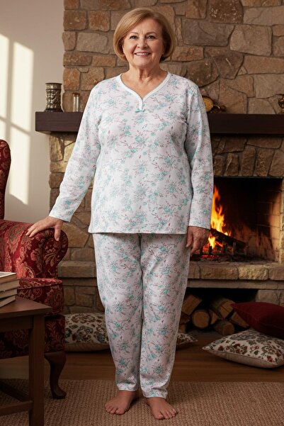 Niket Life Women's Patterned Piping Collar Long Sleeve Long Length Combed Cotton Mother Pajama Set