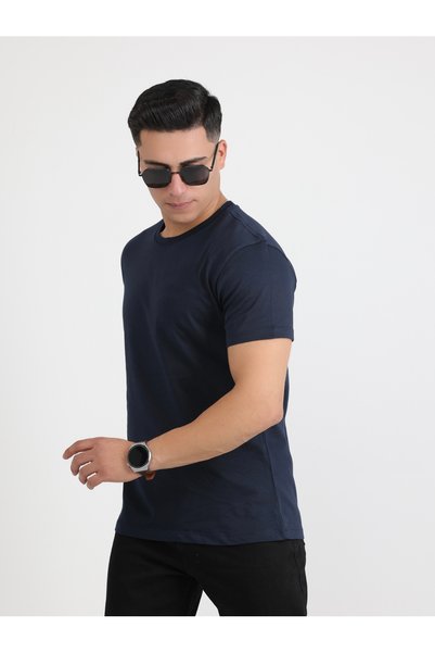 Pientro Men's Dark Blue 100% Cotton Soft Textured S Slim Fit Slim Fit Crew Neck Basic T-Shirt