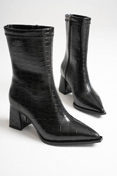 CİMİLİ SHOES Women's Leather Heeled Boots Pointed Toe Side Zipper Thick Heel