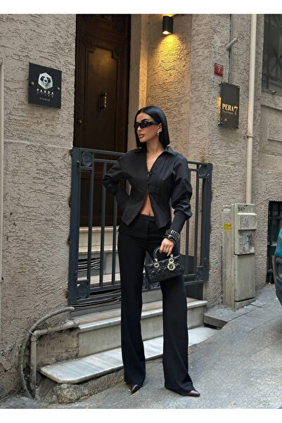 MY DEPO Cămașă din poplin pentru femei, cu detaliu cu nasturi, cu mâneci decoltate, cu cusături în relief