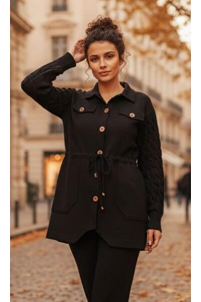 Seviliko Kadın Büyük Beden Kollar Saç Örgü Triko Bel Bağcıklı Torba Cepli Düğ...