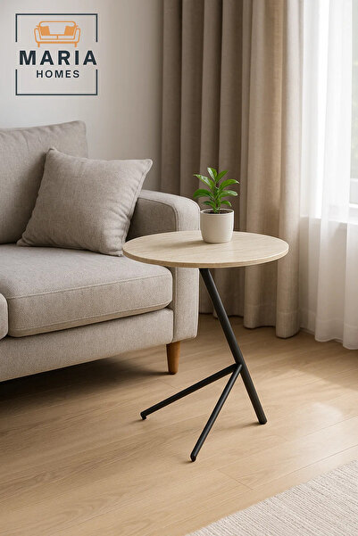 MARIA HOMES Modern Beige Marble Side Table 50×39×65 cm – Stylish Metal Frame Accent Table