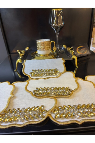 ARS HOME DEKOR White with Gold Stones 6-Piece Presentation Napkin, Cocktail Napkin with Stripe Stones