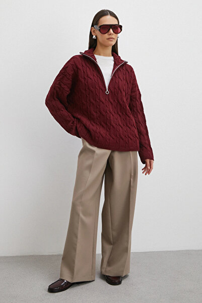 Never more Hair Braided Half Zipper Sweater Burgundy