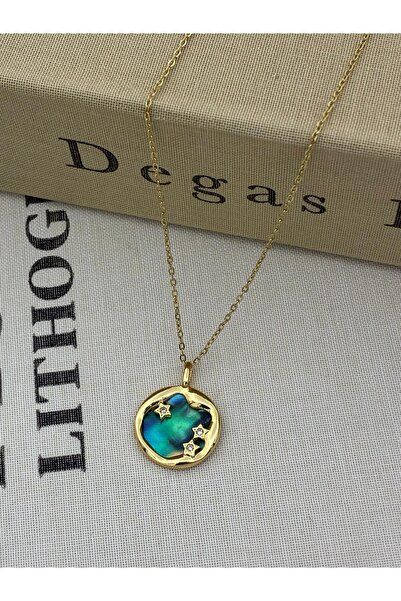 Hedef Bijuteri Steel Gold Color Starry Blue Planet Necklace