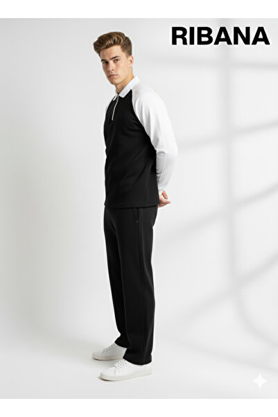 ribana Unisex Printed Pocket Elastic Waist Zippered Shirt Collar Bottom-Top 2-Piece Set