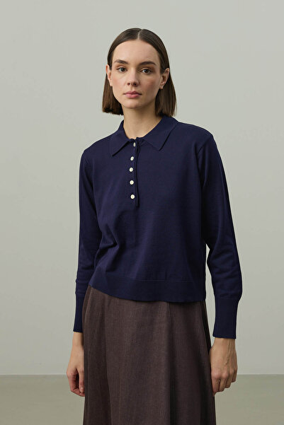 Fahhar Long Sleeve Polo Neck Knitwear Navy Blue